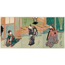 Shunbaisai Hokuei: Actors Nakamura Karoku as the Maiden Okoma (R), Arashi Rikan as Oguri Hankan Kaneuji (C), and Iwai Shijaku as Kohagi, actually Terute no mae (L) - Museum of Fine Arts