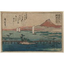 日本版画 "Sunset Glow at Seta (Seta sekishô), from the series Eight Views of Ômi (Ômi hakkei)" 由 Utagawa Hiroshige, 歌川広重 (Utagawa Hiroshige I) 创作