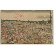 Katsushika Hokusai: Watching Fireworks in the Cool of the Evening at Ryôgoku Bridge (Ryôgokubashi yûsuzumi hanabi kenbutsu no zu), from the series Newly Published Perspective Pictures (Shinpan uki-e) - Museum of Fine Arts