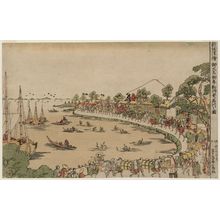 Katsushika Hokusai: Procession of a Daimyô Passing Shinagawa on the Way to Kyoto (Godaimyô gosankin onobori Shinagawa no zu), from the series Newly Published Perspective Pictures (Shinpan uki-e) - Museum of Fine Arts