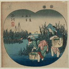 Utagawa Hiroshige: Shinagawa: Ômori, Gathering the Famous Seaweed (Shinagawa, Ômori, meisan nori tori), cut from sheet 1 of the series Cutout Pictures of the Tôkaidô Road (Tôkaidô harimaze zue) - Museum of Fine Arts