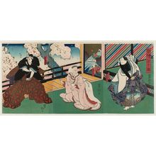 Utagawa Yoshitaki: Actors Jitsukawa Enzaburô I as the Boatman (Sentô) Kajizô (R), Nakamura Jakuemon I as Kozasa (C), and Arashi Kichisaburô III as Kuranosuke (L), in Keisei Somewake Tazuna - Museum of Fine Arts