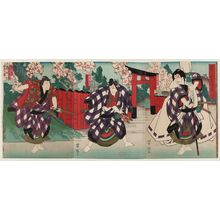 Utagawa Yoshitaki, 歌川芳滝 (Ichiyôsai Yoshitaki)による浮世絵「Actors Arashi Kichisaburô III as Matsuômaru (R), Jitsukawa Enzaburô I as Umeômaru (C), and Bandô Hikosaburô V as Sakuramaru (L), in Act 3 of Sugawara Tenarai Kagami」