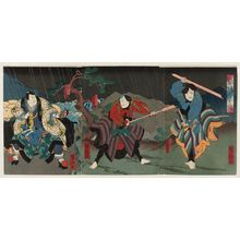 Utagawa Yoshitaki, 歌川芳滝 (Ichiyôsai Yoshitaki)创作的日本版画《Actors Arashi Kichisaburô III as the packhorse driver Edobei (R), Jitsukawa Enzaburô I as the boatman Kajizô (C), and Onoe Tamizô II as Yurugi Saemon (L), in Keisei Somewake Tazuna》