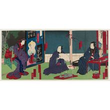 Utagawa Yoshitaki, 歌川芳滝 (Ichiyôsai Yoshitaki)创作的日本版画《Actors Ichikawa Udanji I as Moroboshi Kichigorô (R), Kataoka Gadô III as Furuteya Kitsuke (C), and Kataoka Matsutarô I as the daughter Yuki (L), in Ôshio Uwasa no Kikigaki》