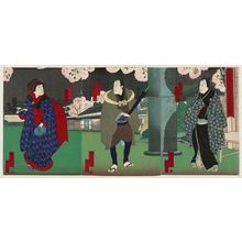 Estampe japonaise "Actors Arashi Kitsusaburô IV as Irumaya Kijûrô (R), Jitsukawa Enjaku I as the Head Clerk (Bantô) Hikoshichi (C), and Arashi Rikan IV as Osan (L), in Momochidori Naruto no Shiranami" par Utagawa Yoshitaki, 歌川芳滝 (Ichiyôsai Yoshitaki)