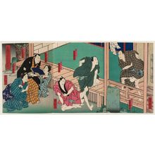 Utagawa Yoshitaki: Actors Nakamura Nakasuke II as Yajirobei (R); Jitsukawa Enjaku I as Kitahachi and Asao Tamaroku I as Yotahei (C); Nakajima Kanzô I as the maid Otoku, Nakamura Kanjaku III as Yamai Yôsen, Nakamura Jurô I as the widow Okan (L); in Tabizuzume Aiyado Banashi - Museum of Fine Arts