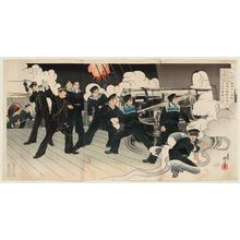 Migita Toshihide: Lieutenant Commander Yamanaka, Chief Gunner of Our Ship Fuji, Fights Fiercely in the Naval Battle at the Entrance to Port Arthur (Ryojunkô no kaisen ni waga Fuji hôjutsuchô Yamanaka shôsa funsen) - Museum of Fine Arts