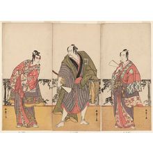Katsukawa Shunsho: Actors Sawamura Sôjûrô as Soga no Jûrô (R), Ichikawa Danjûrô V as Kudô Suketsune (C), and Ichikawa Monnosuke as Soga no Gorô (L) - Museum of Fine Arts