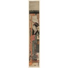 勝川春潮: Woman at a Sliding Lattice Door - ボストン美術館