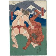 Utagawa Kuniyoshi: Matano Kagehisa and Kawazu Sukeyasu Wrestling - Museum of Fine Arts