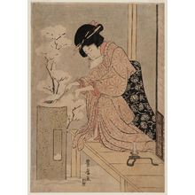 Utagawa Toyohiro: Woman Dipping Water from a Stone Basin in Snow - Museum of Fine Arts