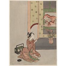 Suzuki Harunobu: A Young Woman Smoking and Daruma Emerging from a Hanging Scroll - Museum of Fine Arts