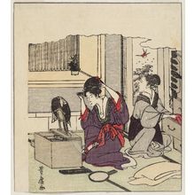 Utagawa Toyohiro: Woman Dressing Her Hair, from an untitled series of a day in the life of a geisha - Museum of Fine Arts