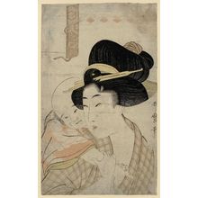 Kitagawa Utamaro: Mother Carrying Child on Her Back, from the series Scenery of Famous Places and Twelve Physiognomies of Beauties (Meisho fûkei, bijin jûnisô) - Museum of Fine Arts