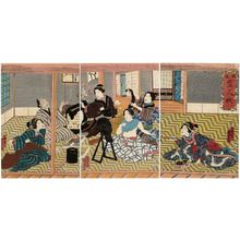 Japanischer Druck "Fashionable Lifesized Dolls (Fûryû iki-ningyô)" von Utagawa Kunisada II, 二代歌川国貞 (Utagawa Kunisada II (Toyokuni IV))