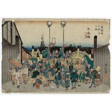 歌川広重: Nihonbashi: Daimyô Procession Setting Out (Nihonbashi, gyôretsu furidashi), from the series Fifty-three Stations of the Tôkaidô Road (Tôkaidô gojûsan tsugi no uchi), also known as the First Tôkaidô or Great Tôkaidô - ボストン美術館
