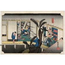 Utagawa Hiroshige: Akasaka: Inn with Serving Maids (Akasaka, ryosha shôfu no zu), from the series Fifty-three Stations of the Tôkaidô (Tôkaidô gojûsan tsugi no uchi), also known as the First Tôkaidô or Great Tôkaidô - Museum of Fine Arts