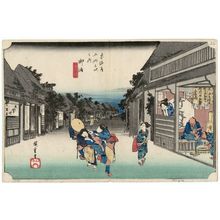 Utagawa Hiroshige: Goyu: Women Stopping Travellers (Goyu, tabibito tomeru onna), from the series Fifty-three Stations of the Tôkaidô Road (Tôkaidô gojûsan tsugi no uchi), also known as the First Tôkaidô or Great Tôkaidô - Museum of Fine Arts