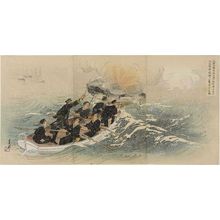 Japanischer Druck "Illustration of the Death-Defying Squad of Captain Osawa and Seven Others from the Crew of the Warship Yaeyama Pushing Forward in Rongcheng Bay (Yaeyamakan norikumi Ôsawa taiira shichimei no kesshitai Eijôwan ni funshin suru zu)" von Ogata Gekko, 尾形月耕 (Ogata Gekkô)