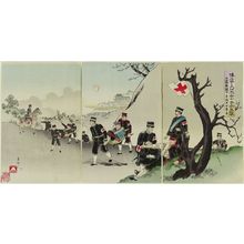 Japanese Print "The Humane Great Japanese Red Cross Medical Corps Tending to the Injured in the Russo-Japanese War (Hakuai naru dai Nihon Sekijûji eiseitai Nichiro sentôchû fushôsha kyûgo no zu)" by Gakyôjin