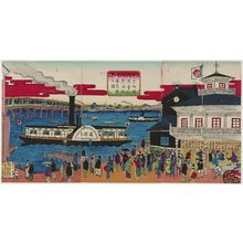 Utagawa Shigekiyo: True View of Prosperity: Roundtrip River Steamship Service of the Ryôgoku Transportation Company (Tôkyô Ryôgoku tsûun kaisha kawa jôki ôfuku sei'ei shinkei no zu) - Museum of Fine Arts