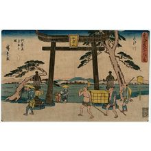 Utagawa Hiroshige, 歌川広重 (Utagawa Hiroshige I)による浮世絵「Kakegawa: Junction with the Akiba Road (Kakegawa, Akibamichi oiwake no zu), from the series The Fifty-three Stations of the Tôkaidô Road (Tôkaidô gojûsan tsugi no uchi), also known as the Gyôsho Tôkaidô」