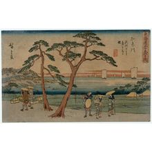 歌川広重: Kanagawa: View of the Bluff from Asamashita (Kanagawa Asamashita yori dai o miru zu), from the series The Fifty-three Stations of the Tôkaidô Road (Tôkaidô gojûsan tsugi no uchi), also known as the Gyôsho Tôkaidô - ボストン美術館
