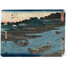 Utagawa Hiroshige: No. 28 - Mitsuke: Ferry Boats and the Tenryû River (Tenryûgawa, funawatashi), from the series The Tôkaidô Road - The Fifty-three Stations (Tôkaidô - Gojûsan tsugi no uchi) - Museum of Fine Arts
