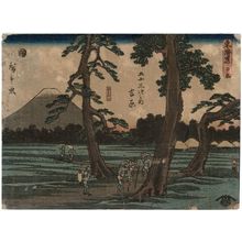 Utagawa Hiroshige: No. 15 - Yoshiwara: Former Market Site, Fuji Seen from the Left (Moto ichiba, hidari Fuji), from the series The Tôkaidô Road - The Fifty-three Stations (Tôkaidô - Gojûsan tsugi no uchi) - Museum of Fine Arts