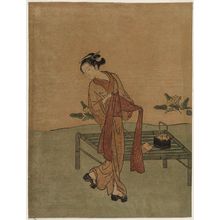 Suzuki Harunobu: Young Woman Tying Her Obi beside a Bamboo Bench - Museum of Fine Arts