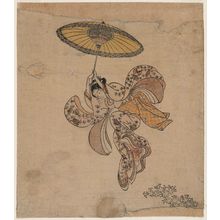 Suzuki Harunobu: Young Woman Jumping from the Kiyomizu Temple Balcony with an Umbrella as a Parachute - Museum of Fine Arts