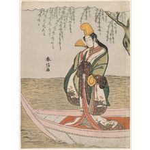 Suzuki Harunobu: Shirabyôshi Dancer Standing in a Boat (Asazumabune) - Museum of Fine Arts