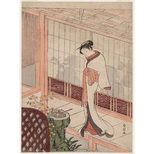 鈴木春信: Parody of the Muken no Kane Scene in the Play Hiragana Seisuiki: Woman Standing on a Veranda outside a Room with a Party - ボストン美術館