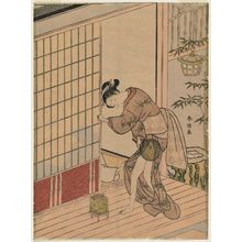 Suzuki Harunobu: Man behind a Sliding Door Pulling the Kimono of a Woman on the Veranda - Museum of Fine Arts