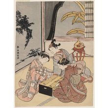 鈴木春信: Courtesan and Attendant Playing Sugoroku, with an Actor Watching - ボストン美術館