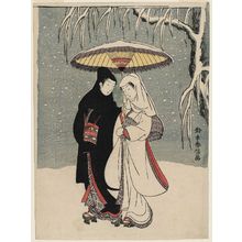 鈴木春信: Lovers under an Umbrella in the Snow - ボストン美術館