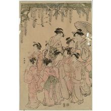 勝川春潮: Procession of Students Offering a Votive Tablet to a Shrine under a Wisteria Trellis - ボストン美術館