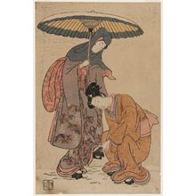 Isoda Koryusai: Young Man Removing Snow from Woman's Geta - Museum of Fine Arts