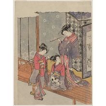 磯田湖龍齋: Courtesan and Kamuro Playing with a Dog on a Veranda - ボストン美術館