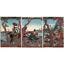 Utagawa Sadahide: Famous Warriors at the Great Battle between the Minamoto and the Taira at Ichinotani (Genpei Ichinotani daisen kômei no zu) - Museum of Fine Arts