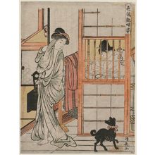 Torii Kiyonaga: A Woman Emerging from the Bath and a Black Dog, from the series Comparison of the Charms of Alluring Women (Irokurabe enpu sugata) - Museum of Fine Arts