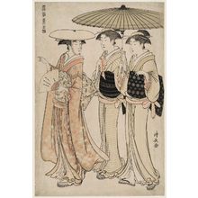 鳥居清長: Lady with Two Female Attendants, from the series Current Manners in Eastern Brocade (Fûzoku Azuma no nishiki) - ボストン美術館