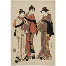 鳥居清長: Two Young Men and a Woman Dressed as Komusô - ボストン美術館