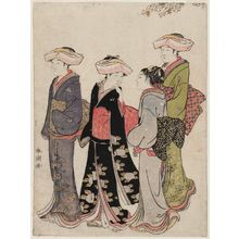 勝川春潮: Three Women and a Maid Under a Cherry Tree - ボストン美術館