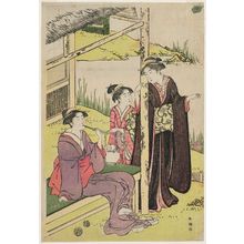 勝川春潮: Women at a Tea House by an Iris Pond - ボストン美術館