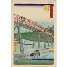 Utagawa Hiroshige: No. 39, Okazaki: Yahagi Bridge on the Yahagi River (Okazaki, Yahagigawa Yahagi no hashi), from the series Famous Sights of the Fifty-three Stations (Gojûsan tsugi meisho zue), also known as the Vertical Tôkaidô - Museum of Fine Arts