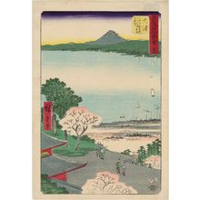 歌川広重: No. 54, Ôtsu: View of Lake and Town of Ôtsu from Kannon Hall of Mii Temple (Ôtsu, Miidera Kannondô yori Ôtsu no machi kosui chôbô), from the series Famous Sights of the Fifty-three Stations (Gojûsan tsugi meisho zue), a.k.a. the Vertical Tôkaidô - ボストン美術館