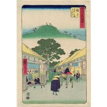 Utagawa Hiroshige: No. 21, Mariko: Selling the Famous Yam Soup at the Station (Mariko, Ekichû meibutsu tororojiru o hisagu), from the series Famous Sights of the Fifty-three Stations (Gojûsan tsugi meisho zue), also known as the Vertical Tôkaidô - Museum of Fine Arts
