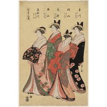 Hosoda Eishi: Courtesans of the Matsubaya, a Triptych (Matsubaya sanmai tsuzuki), from right: Utagawa, kamuro Tamiji and Chidori; Matsuyama, kamuro Futaba and Midori; Wakana, kamuro Nenohi and Komatsu; Seyama, kamuro Iroka and Yukari; Kisegawa, kamuro Takeno and Sasano - Museum of Fine Arts